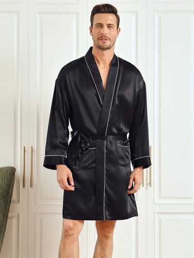 Men’s Mulberry Silk Belted Robe with Contrast Trim
