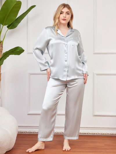 Women’s Plus Size Pure Mulberry Silk Button-Front Pajama Set